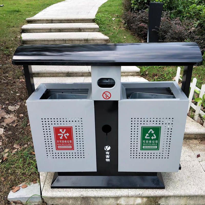 鍍鋅板大號(hào)環(huán)衛(wèi)垃圾箱 室外雙桶分類垃圾箱 街道小區(qū)公共垃圾箱
